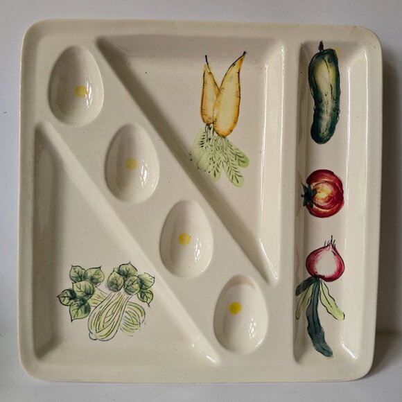 Japanese Ceramic Divided Serving Platter With Hand-Painted Vegetable Design - Picture 8 of 16